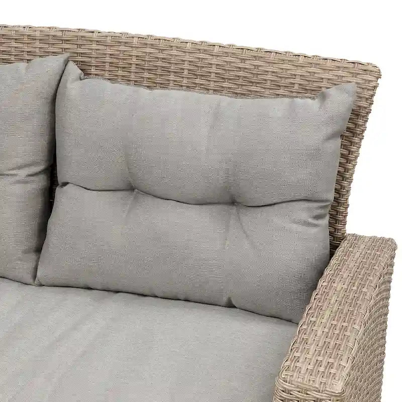 Ensemble de mobilier de patio 4 pièces, ensemble de conversation extérieur toutes saisons, canapé d'angle en osier avec ottoman et coussins