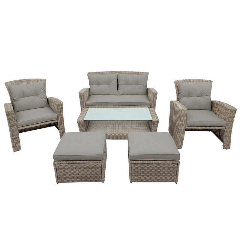 Ensemble de mobilier de patio 4 pièces, ensemble de conversation extérieur toutes saisons, canapé d'angle en osier avec ottoman et coussins