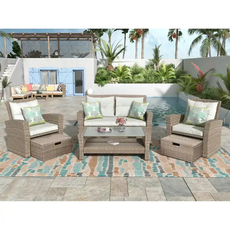 Ensemble de mobilier de patio 4 pièces, ensemble de conversation extérieur toutes saisons, canapé d'angle en osier avec ottoman et coussins