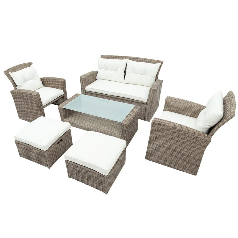 Ensemble de mobilier de patio 4 pièces, ensemble de conversation extérieur toutes saisons, canapé d'angle en osier avec ottoman et coussins