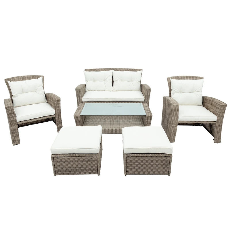 Ensemble de mobilier de patio 4 pièces, ensemble de conversation extérieur toutes saisons, canapé d'angle en osier avec ottoman et coussins