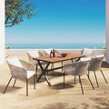 Ensemble de salle à manger de patio 7 pièces, mobilier d'extérieur avec table à manger et 6 chaises, plateau de table en bois d'acacia, cadre en métal beige