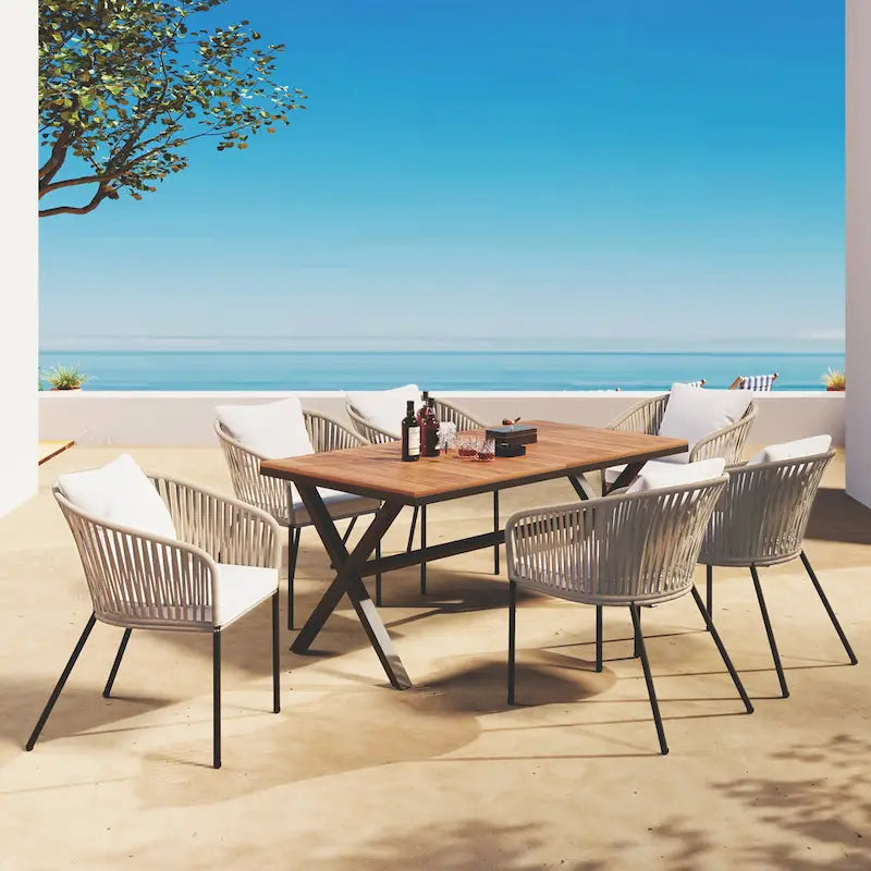 7 Pieces Patio Dining Set, Outdoor Furniture Set with Dining Table and 6 Chairs, Acacia Wood Table Top, Metal Frame Beige