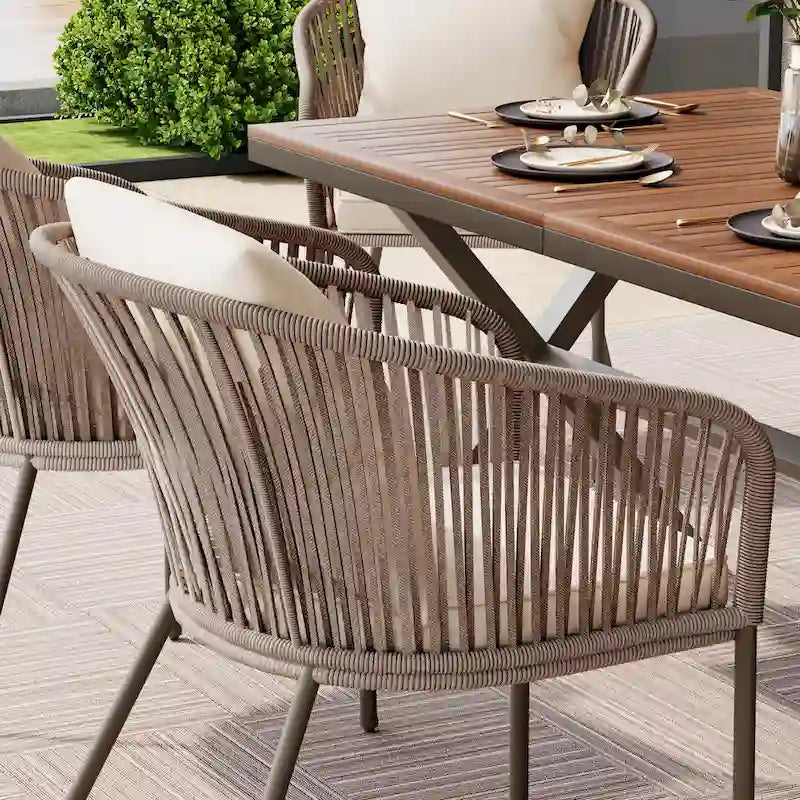 Ensemble de salle à manger de patio 7 pièces, mobilier d'extérieur avec table à manger et 6 chaises, plateau de table en bois d'acacia, cadre en métal beige