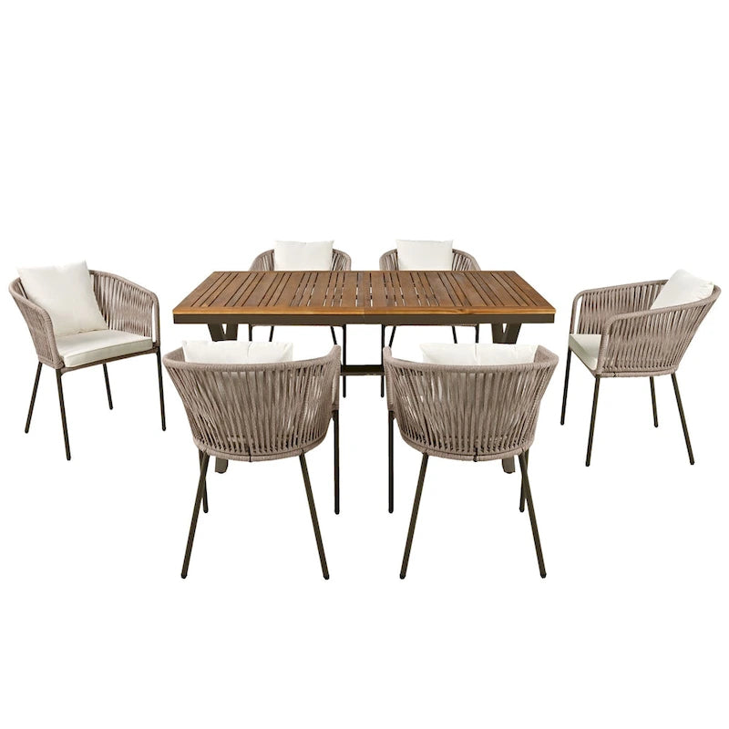 Ensemble de salle à manger de patio 7 pièces, mobilier d'extérieur avec table à manger et 6 chaises, plateau de table en bois d'acacia, cadre en métal beige