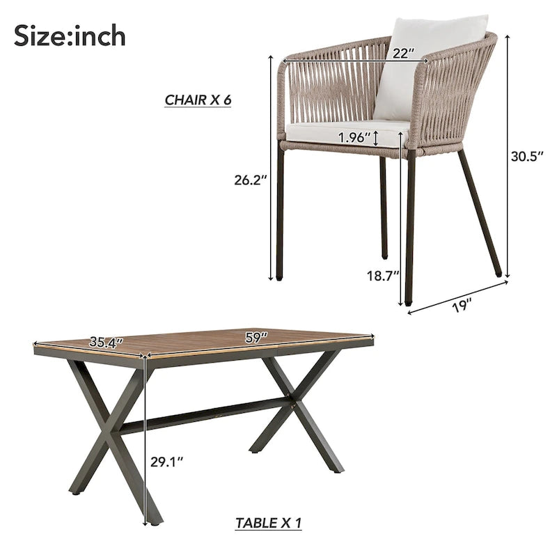 Ensemble de salle à manger de patio 7 pièces, mobilier d'extérieur avec table à manger et 6 chaises, plateau de table en bois d'acacia, cadre en métal beige