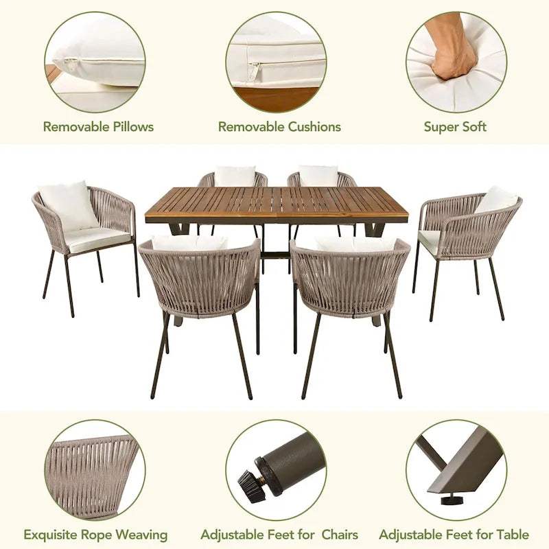 Ensemble de salle à manger de patio 7 pièces, mobilier d'extérieur avec table à manger et 6 chaises, plateau de table en bois d'acacia, cadre en métal beige