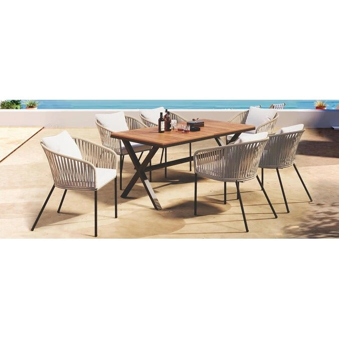 Ensemble de salle à manger de patio 7 pièces, mobilier d'extérieur avec table à manger et 6 chaises, plateau de table en bois d'acacia, cadre en métal beige