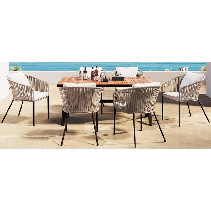 Ensemble de salle à manger de patio 7 pièces, mobilier d'extérieur avec table à manger et 6 chaises, plateau de table en bois d'acacia, cadre en métal beige