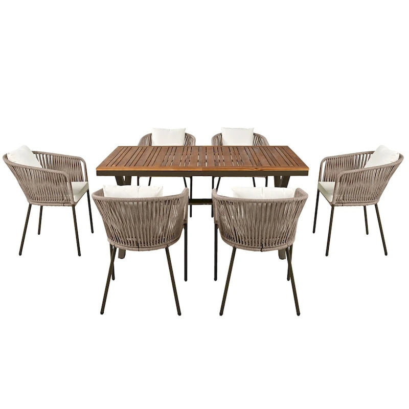 Ensemble de salle à manger de patio 7 pièces, mobilier d'extérieur avec table à manger et 6 chaises, plateau de table en bois d'acacia, cadre en métal beige