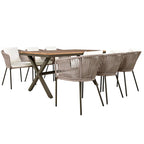 Ensemble de salle à manger de patio 7 pièces, mobilier d'extérieur avec table à manger et 6 chaises, plateau de table en bois d'acacia, cadre en métal beige