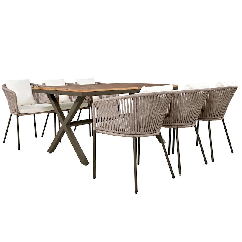 Ensemble de salle à manger de patio 7 pièces, mobilier d'extérieur avec table à manger et 6 chaises, plateau de table en bois d'acacia, cadre en métal beige