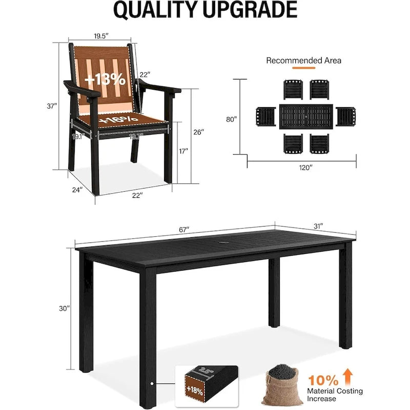 WINSOON Ensemble de salle à manger d'extérieur 7 pièces en HIPS toutes saisons avec trou pour parasol et cadre en aluminium, 1 table et 6 chaises