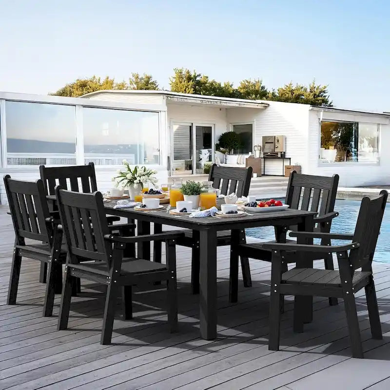 WINSOON Ensemble de salle à manger d'extérieur 7 pièces en HIPS toutes saisons avec trou pour parasol et cadre en aluminium, 1 table et 6 chaises