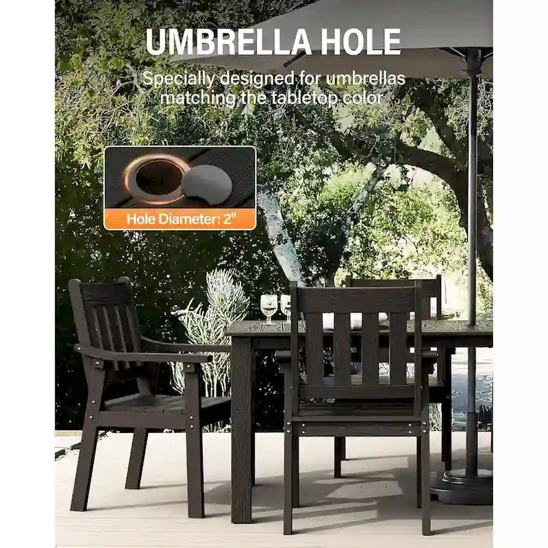 WINSOON Ensemble de salle à manger d'extérieur 7 pièces en HIPS toutes saisons avec trou pour parasol et cadre en aluminium, 1 table et 6 chaises