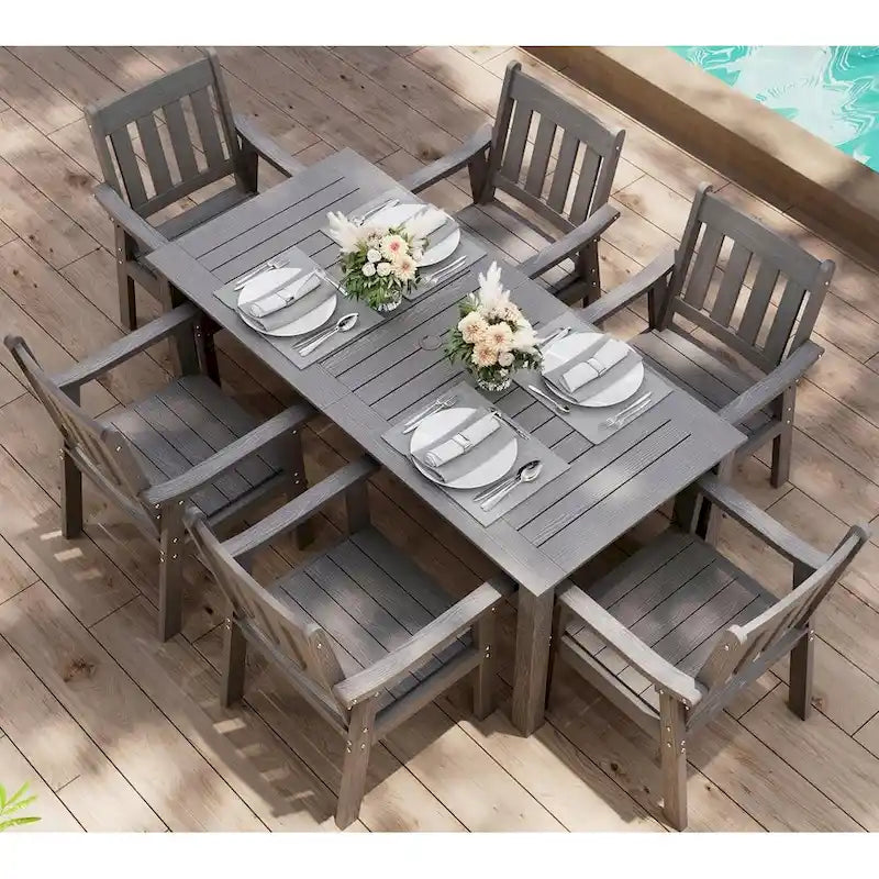 WINSOON Ensemble de salle à manger d'extérieur 7 pièces en HIPS toutes saisons avec trou pour parasol et cadre en aluminium, 1 table et 6 chaises