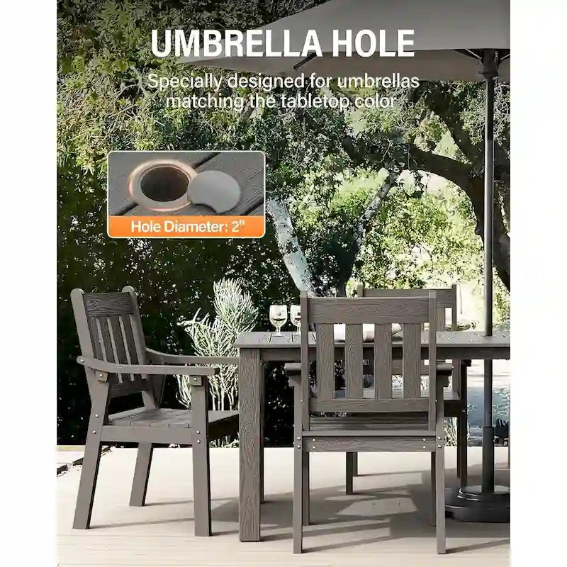 WINSOON Ensemble de salle à manger d'extérieur 7 pièces en HIPS toutes saisons avec trou pour parasol et cadre en aluminium, 1 table et 6 chaises