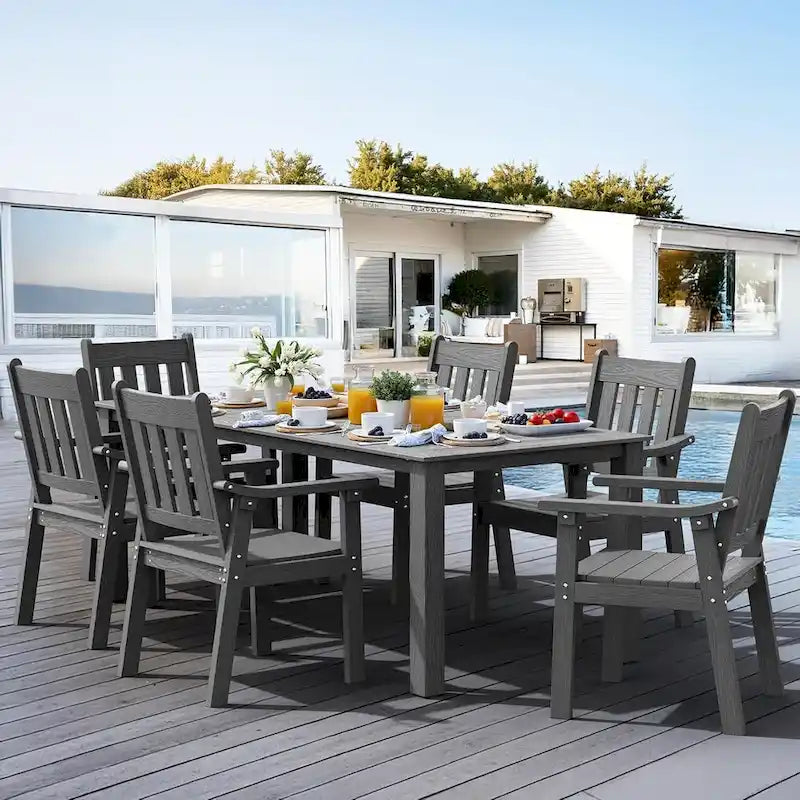 WINSOON Ensemble de salle à manger d'extérieur 7 pièces en HIPS toutes saisons avec trou pour parasol et cadre en aluminium, 1 table et 6 chaises