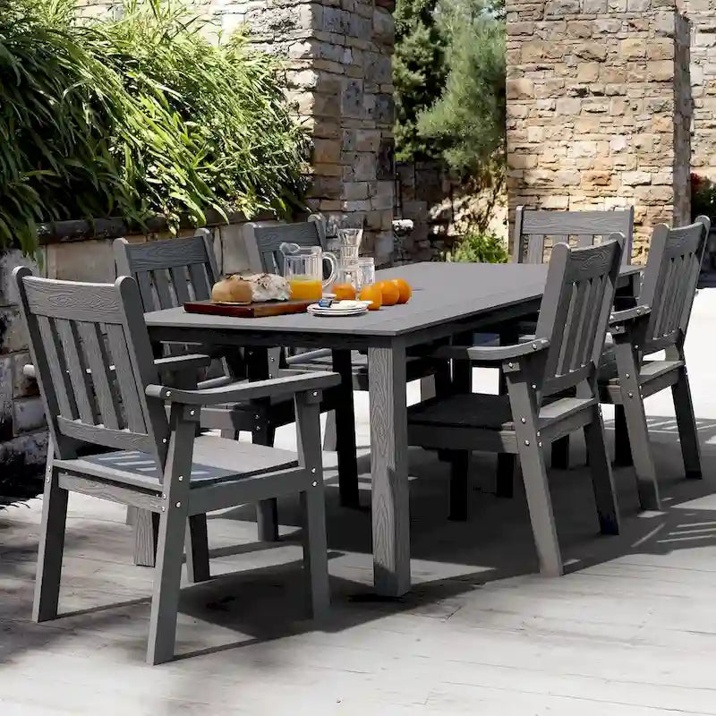 WINSOON Ensemble de salle à manger d'extérieur 7 pièces en HIPS toutes saisons avec trou pour parasol et cadre en aluminium, 1 table et 6 chaises