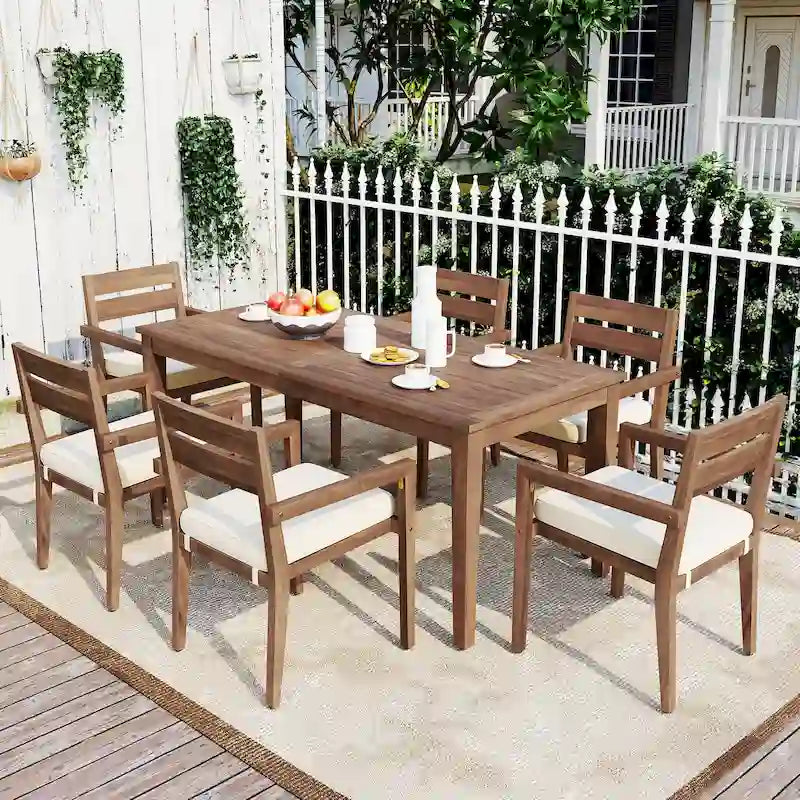 Ensemble de 7 tables et chaises d'extérieur en bois d'acacia pour patio