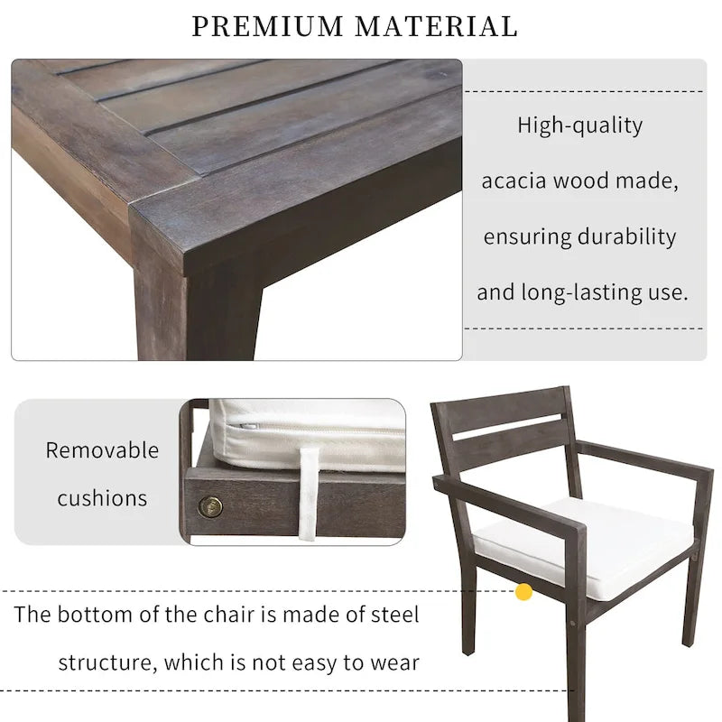 Ensemble de 7 tables et chaises d'extérieur en bois d'acacia pour patio