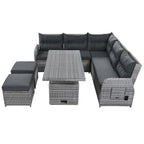 Canapé d'angle d'extérieur en rotin avec table réglable et fauteuils inclinables