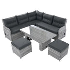 Canapé d'angle d'extérieur en rotin avec table réglable et fauteuils inclinables