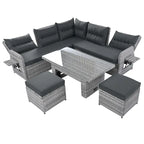 Canapé d'angle d'extérieur en rotin avec table réglable et fauteuils inclinables