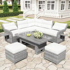 Canapé d'angle d'extérieur en rotin avec table réglable et fauteuils inclinables