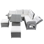 Canapé d'angle d'extérieur en rotin avec table réglable et fauteuils inclinables