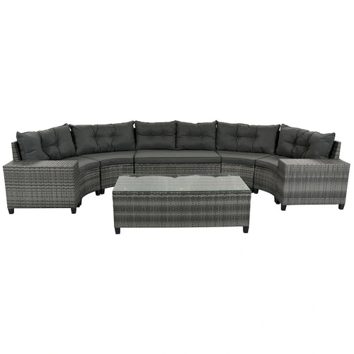 Ensemble de canapé d'extérieur demi-lune sectionnel en osier 8 pièces avec table basse rectangulaire