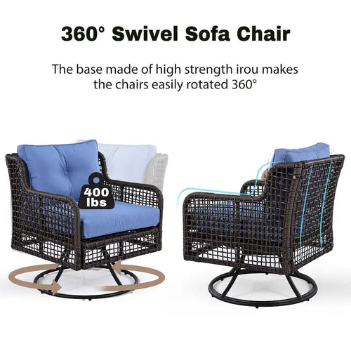 Ensemble de conversation en rotin d'extérieur 4 pièces avec fauteuils pivotants et table basse