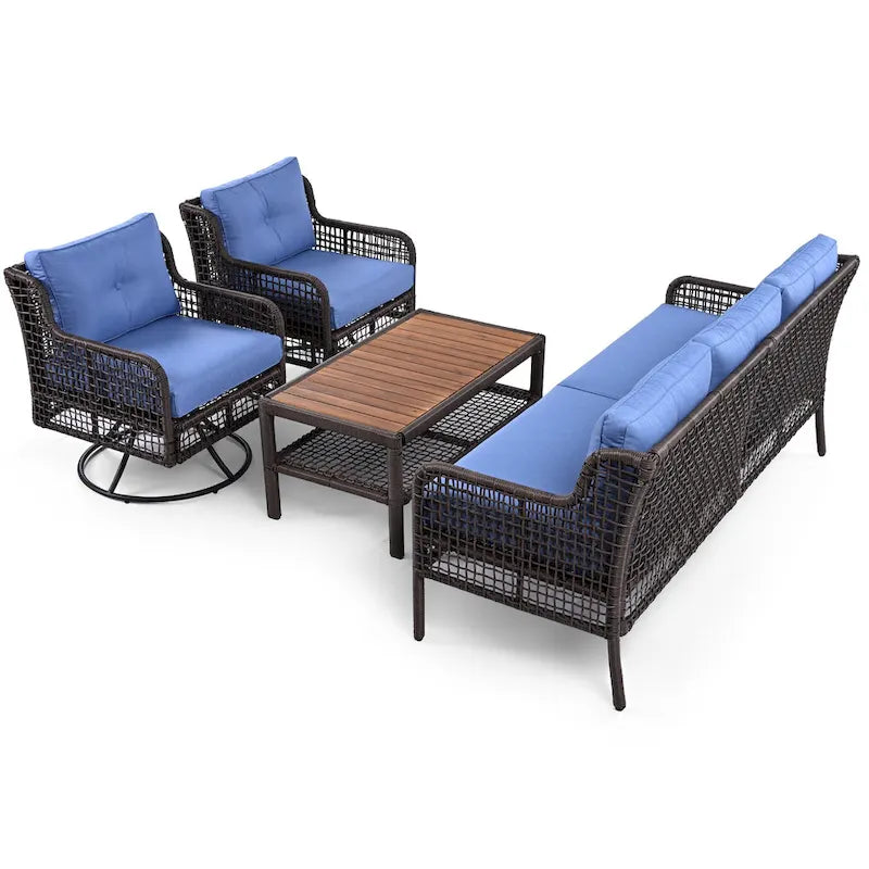 Ensemble de conversation en rotin d'extérieur 4 pièces avec fauteuils pivotants et table basse