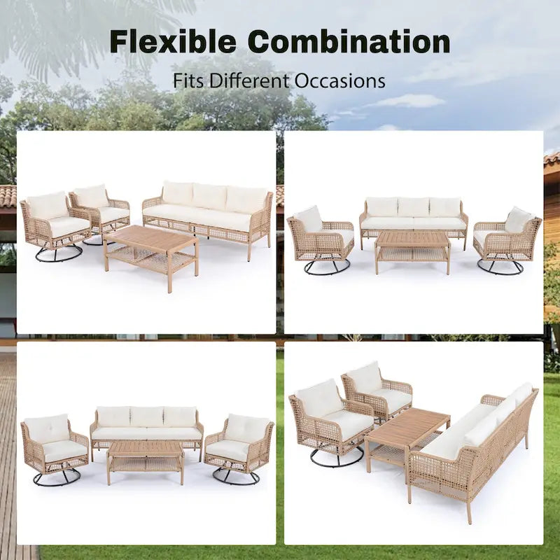 Ensemble de conversation en rotin d'extérieur 4 pièces avec fauteuils pivotants et table basse