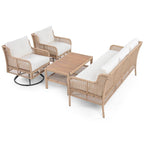 Ensemble de conversation en rotin d'extérieur 4 pièces avec fauteuils pivotants et table basse