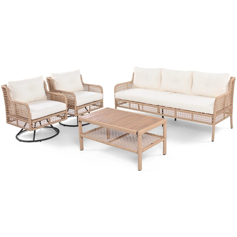 Ensemble de conversation en rotin d'extérieur 4 pièces avec fauteuils pivotants et table basse