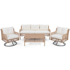 Ensemble de conversation en rotin d'extérieur 4 pièces avec fauteuils pivotants et table basse