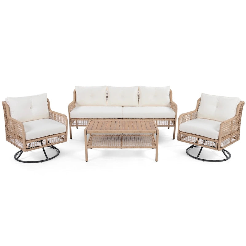 Ensemble de conversation en rotin d'extérieur 4 pièces avec fauteuils pivotants et table basse