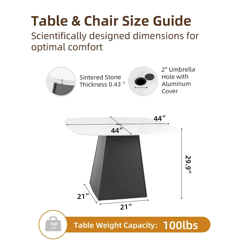 Table à manger carrée d'extérieur 44 en aluminium avec plateau en pierre frittée