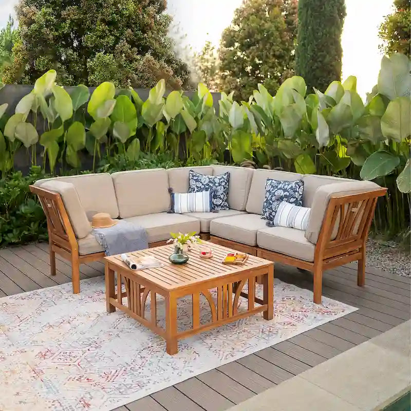 Ensemble sectionnel de patio en teck Cambridge Casual Lowell 6 pièces avec coussins