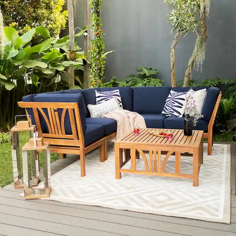 Ensemble sectionnel de patio en teck Cambridge Casual Lowell 6 pièces avec coussins