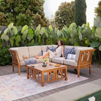 Ensemble sectionnel de patio en teck Cambridge Casual Lowell 6 pièces avec coussins