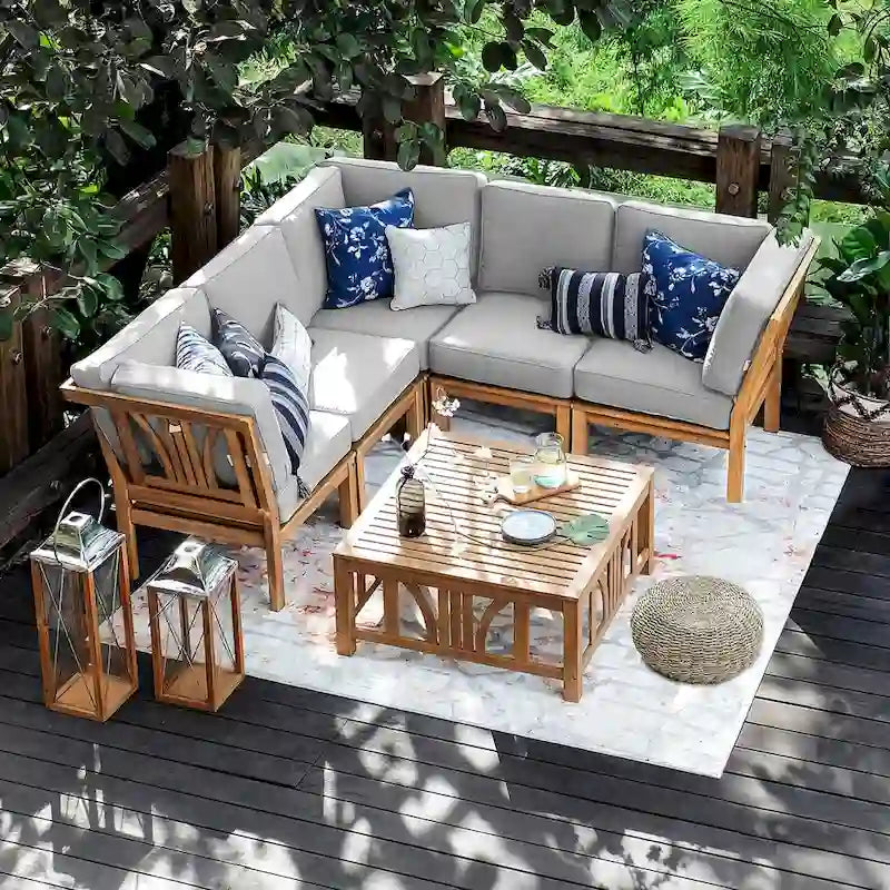 Ensemble sectionnel de patio en teck Cambridge Casual Lowell 6 pièces avec coussins