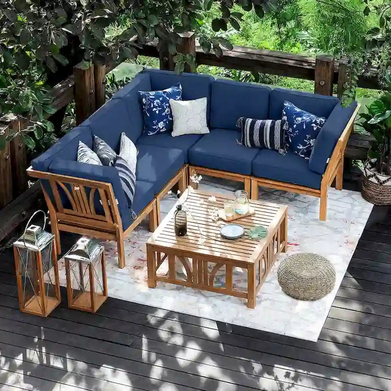 Ensemble sectionnel de patio en teck Cambridge Casual Lowell 6 pièces avec coussins