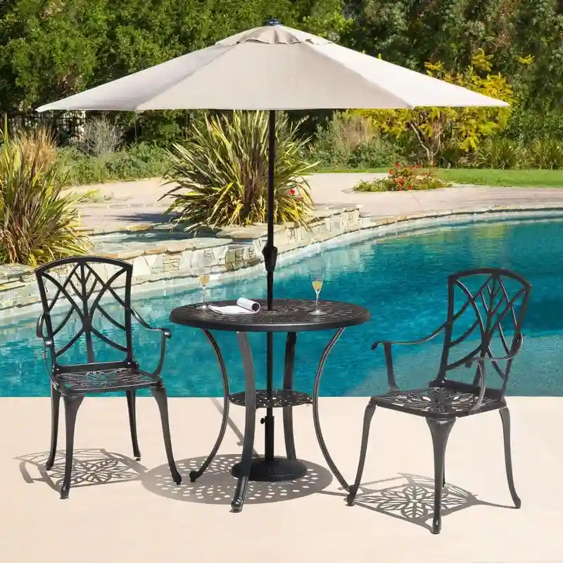 Ensemble de 2 chaises de patio extérieures, en aluminium coulé, noir avec bordure dorée