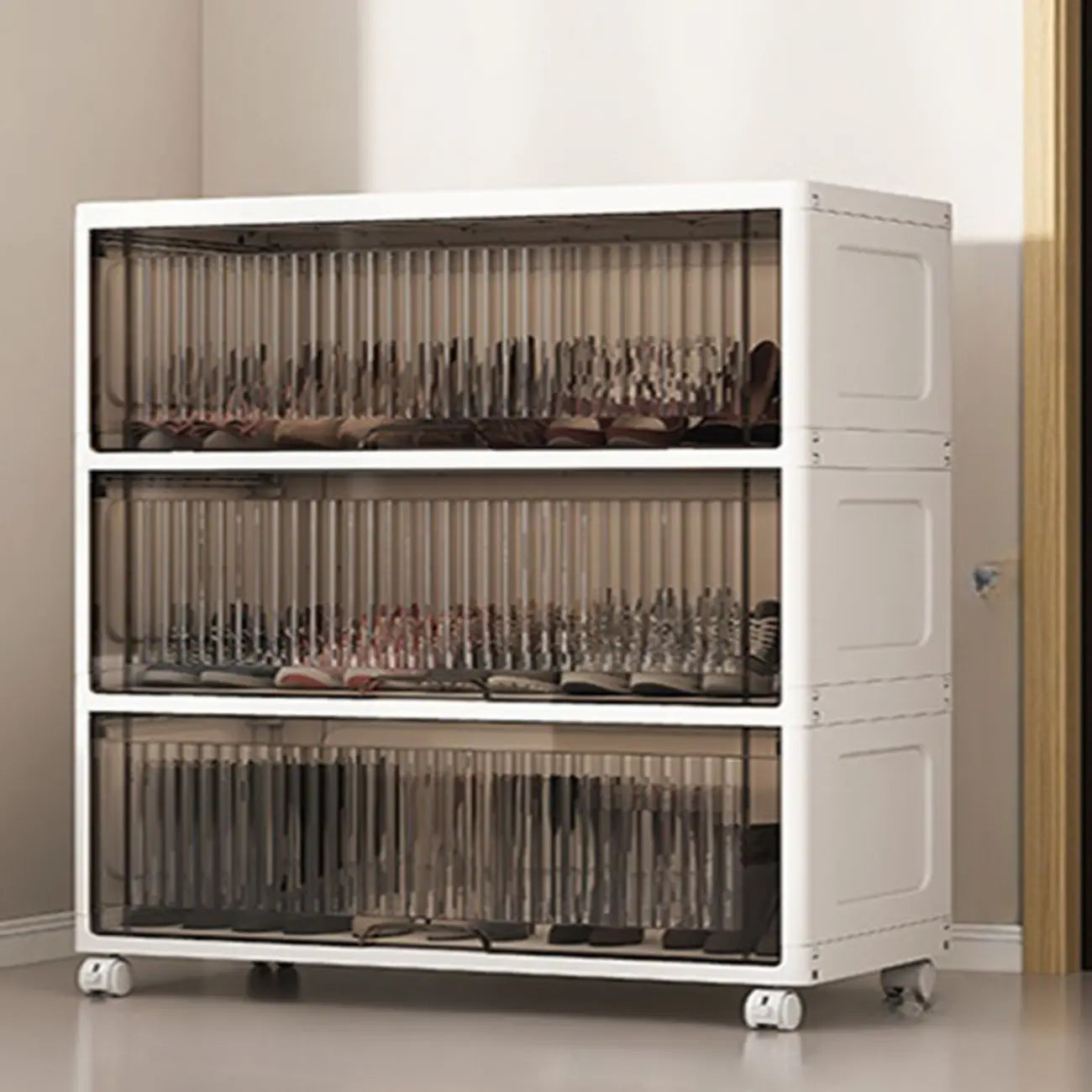 Meuble à chaussures blanc en plastique avec abattant et roulettes pour couloir