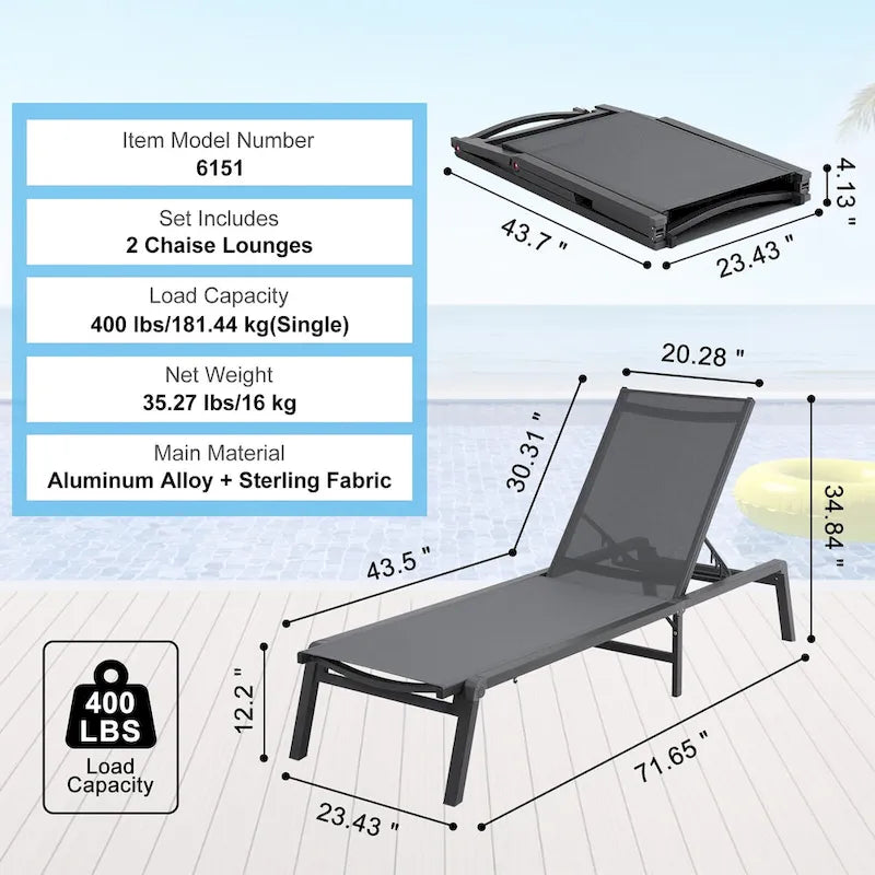 Chaises longues d'extérieur, chaises longues de patio en aluminium avec 5 positions réglables, chaises longues de piscine pliantes inclinables