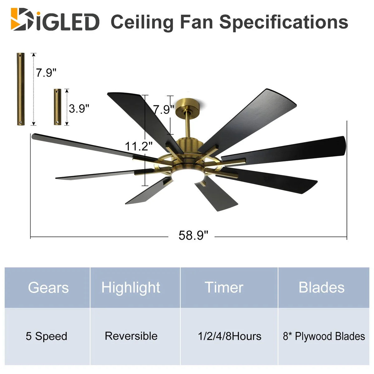 Ventilateur de plafond télécommandé avec lumières, grandes 8 pales en bois