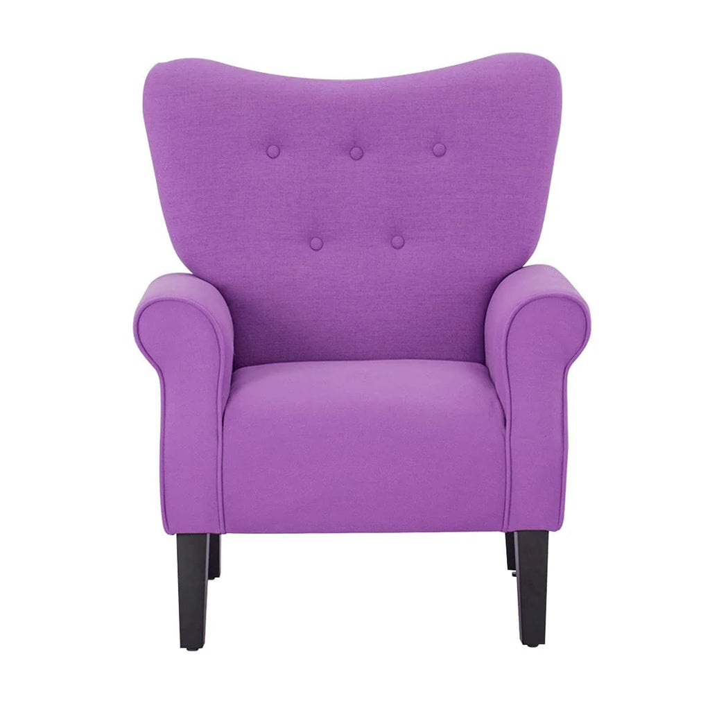Fauteuil d'appoint moderne Erommy, fauteuil à dossier haut, canapé simple en tissu rembourré avec boutons et pieds en bois pour salon