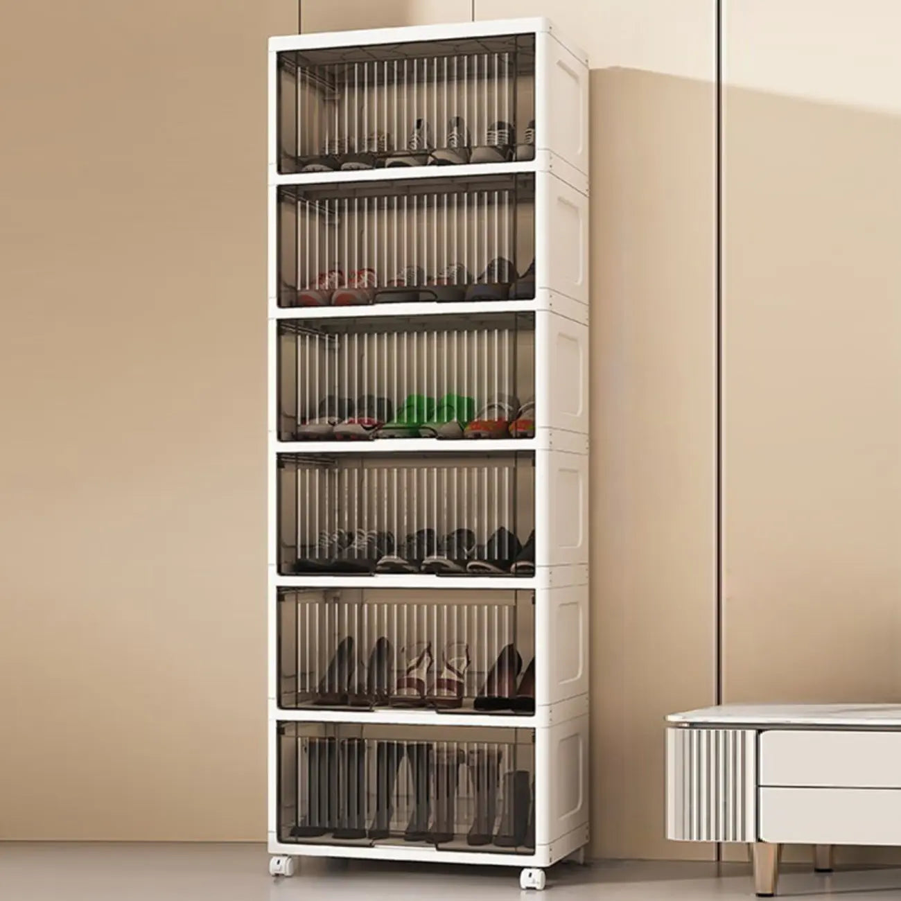 Meuble à chaussures blanc en plastique avec abattant et roulettes pour couloir